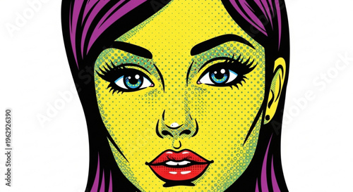 Vibrant pop art woman with purple hair and bold makeup looks directly at viewer with confident expression