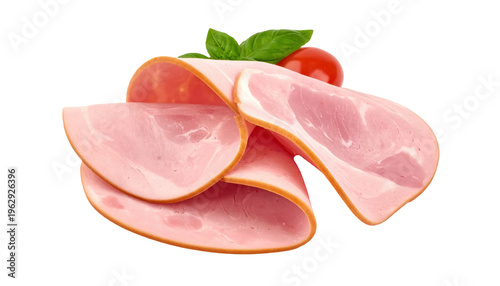 Sliced Ham With Cherry Tomato and Mint Leaves on Transparent Background Delicious Meat Product for Culinary Use in Studio Lighting