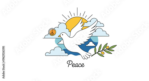 White dove of peace flying through the sky with an olive branch against a backdrop of sun, clouds, and sea waves.