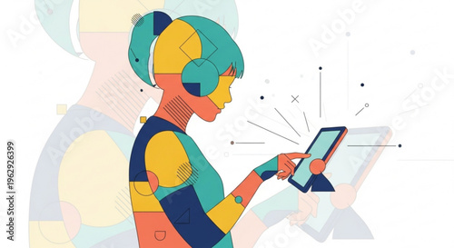 Robot interacting with smartphone and digital interface on screen