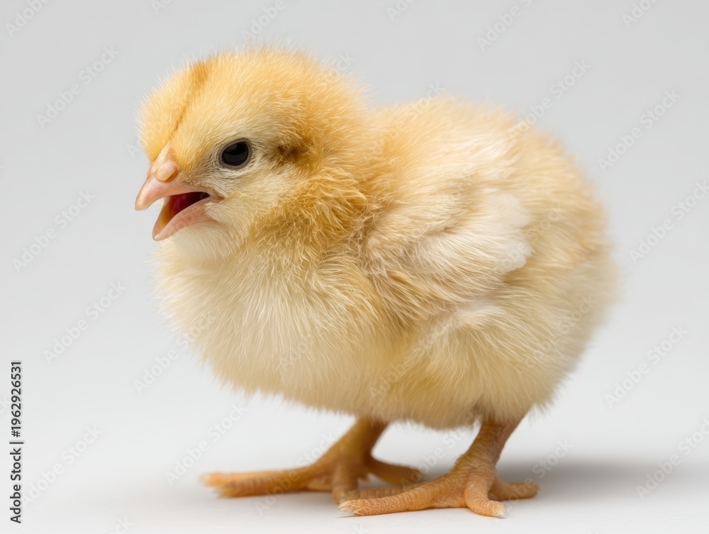 Fototapeta premium Cute yellow chick standing and looking around on white background