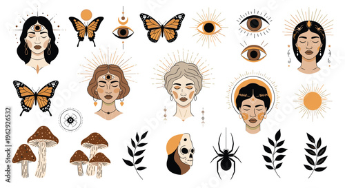 Artistic collection of mystical female faces, butterflies, mushrooms, stars, and botanical elements in a bohemian and spiritual style.
