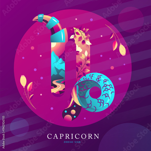 Modern magic witchcraft card with astrology Capricorn zodiac sign on fluorescent background. Flat design. vector illustration
