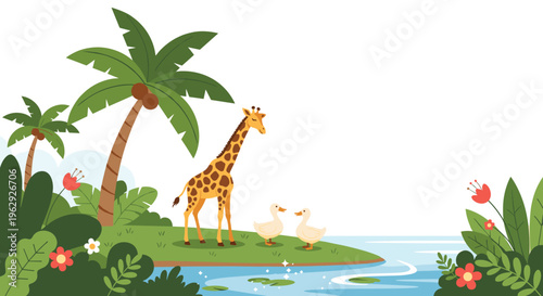 Peaceful landscape of a tropical island featuring a tall giraffe, ducks by the water, palm trees, and lush greenery.