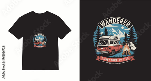Wanderer adventure awaits t shirt design with camper van mountains and campfire