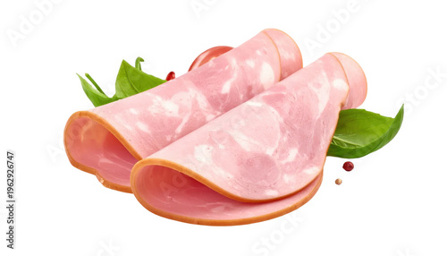 Two Slices of Rolled Pink Ham with Fresh Green Basil Leaves and Red Peppercorns Isolated on Transparent Background Natural Lighting Appetizing Food Photography
