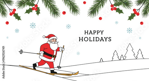 Jolly Santa Claus skiing down a snowy mountain slope under pine branches and berries in a cheerful holiday winter landscape.