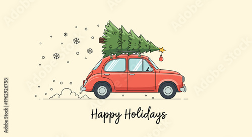 Classic red car traveling through a snowy landscape with a large decorated Christmas tree tied securely on the roof rack.