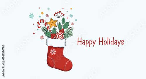 Festive red Christmas stocking overflowing with candy canes, greenery, berries, and holiday decorations on a light background.