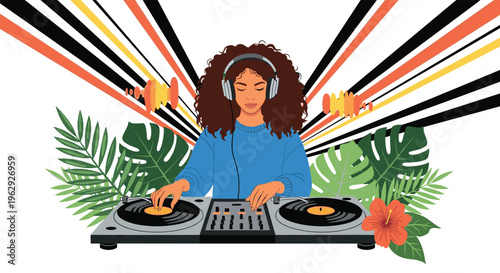 Cool female DJ with curly hair and headphones playing music on turntables surrounded by vibrant tropical leaves and sun rays.