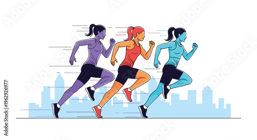 Three athletic women in different colors sprinting together in a race against a stylized blue city skyline background.