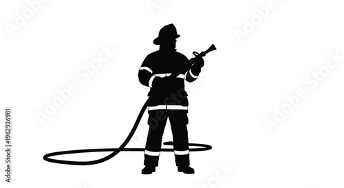 Silhouette of a firefighter holding a hose ready for action