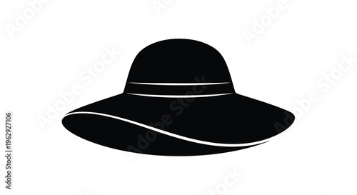 A simple black silhouette of a wide brimmed sun hat on a white background