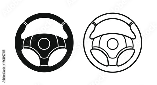 Two steering wheels depicted in black and white line art style