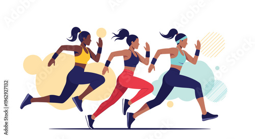 Group of three diverse women sprinting with determination in athletic gear against a colorful abstract cloud background.