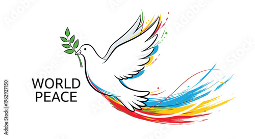 Beautiful white dove of peace flying with an olive branch while leaving a vibrant rainbow paint trail in its wake.