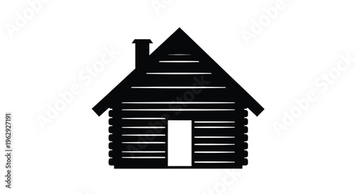 Simple black silhouette of a log cabin with a chimney