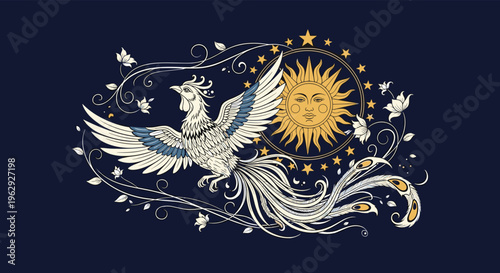 Majestic rooster or phoenix with ornate wings and tail feathers flying before a golden sun and stars on a dark background.