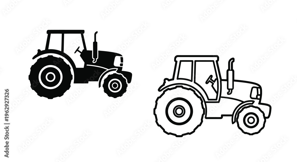 Obraz premium Two black and white illustrations of modern agricultural tractors are shown