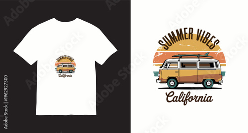 Summer vibes california retro sunset t-shirt design featuring vintage camper van on beach