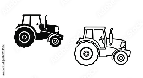 Two black and white illustrations of modern agricultural tractors are shown