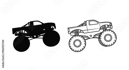 Two monster trucks illustrated in black and white one solid one outlined