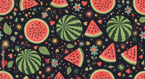 Seamless pattern featuring whole watermelons and juicy red slices mixed with flowers and hearts on a dark blue background for summer design.