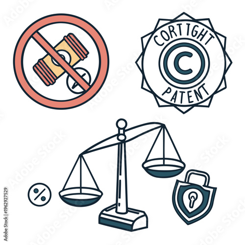 Law and justice icons including copyright patent and security symbols