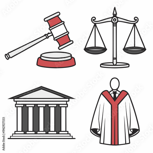 Law and justice icons including gavel, scales, judge robe, and courthouse