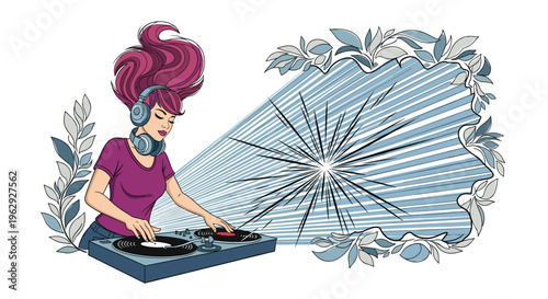 Female dj with vibrant purple hair playing music on a turntable set surrounded by abstract light rays and leaves in a pop art illustration.