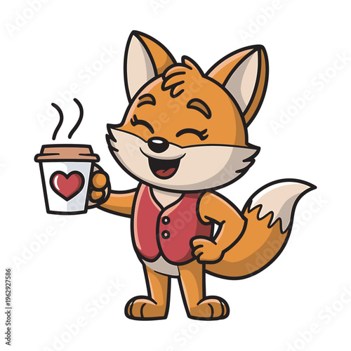 Smiling cartoon fox in waistcoat holding cup of coffee, morning, break time, cozy cafe