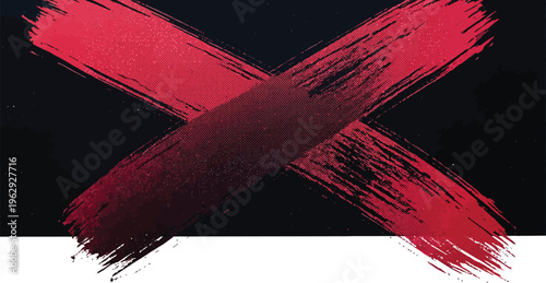 Red brush stroke vector graphic illustration of a large X on a black background with a white stripe at the bottom