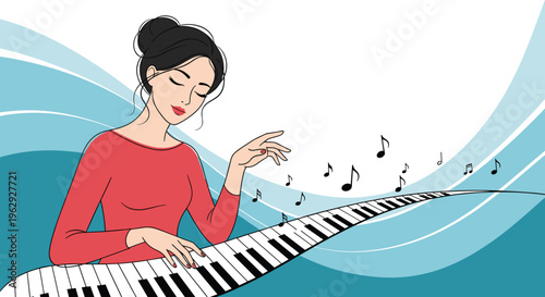Elegant woman playing a long curving piano keyboard with floating musical notes against an abstract blue wave background.