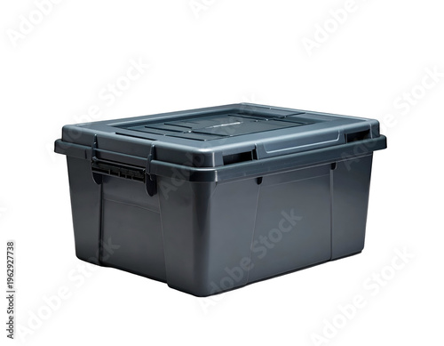 Dark grey plastic storage bin with lid and latch