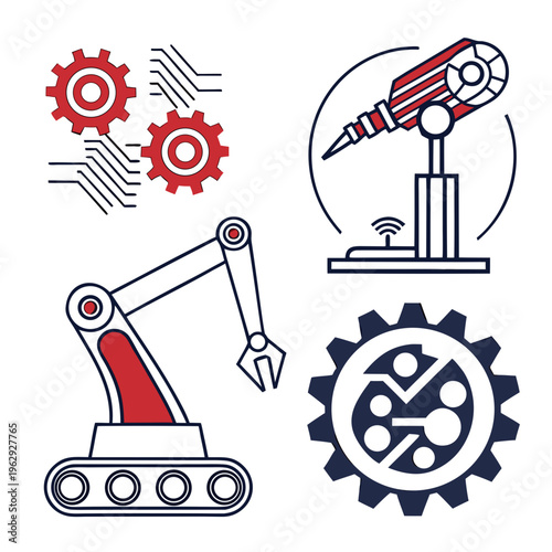 Industrial robotic arm with gear icons and rocket