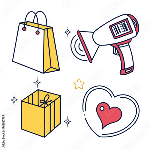 A set of shopping icons including a bag, scanner, box, and heart