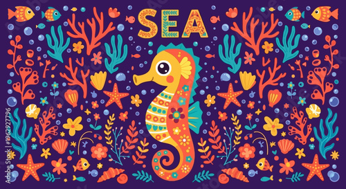 Cute Cartoon Sea Life Yellow Seahorse Coral Starfish Shell Fish Bubbles Underwater Fun