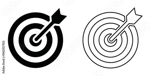 Target board with arrow icon set representing business goals and marketing success | black silhouette and line art version for strategy