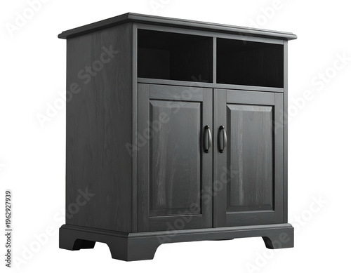 Dark wood cabinet with two doors and open top shelves