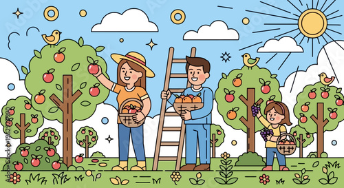 Cute Cartoon Family Apple Picking Orchard Summer Fun Harvest Basket Ladder Trees Birds