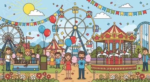 Cute Cartoon Amusement Park Carnival Ferris Wheel Carousel Kids Cotton Candy Summer Fun