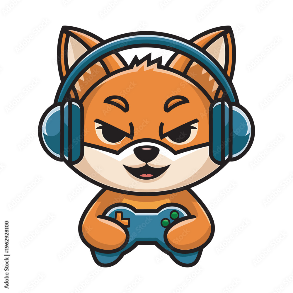 Fototapeta premium Cute little fox wearing headphones playing video game with controller, vector art