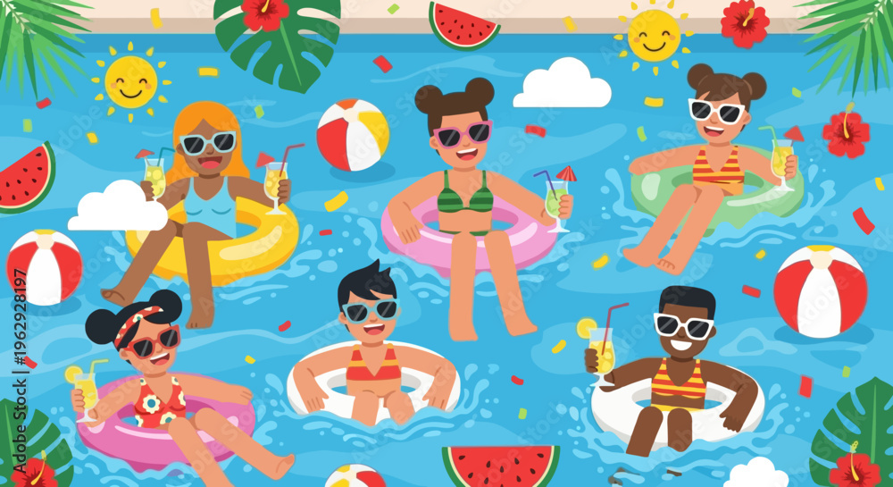 Naklejka premium Cute Cartoon Kids Swimming Pool Party Summer Fun Floaties Cocktails Watermelon Sun
