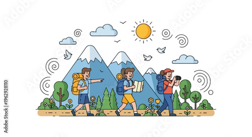 Cute Cartoon Hiking Friends Mountain Trail Map Camera Backpack Summer Outdoor Adventure