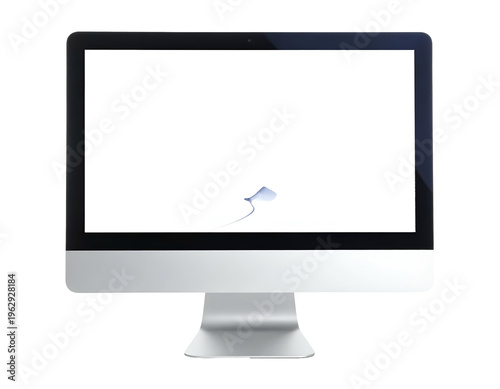 Sleek desktop computer with a blank screen and a blue swirl