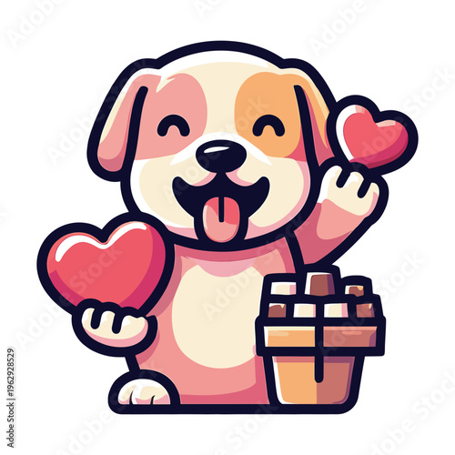 Cute little dog holding hearts and gift box. happy puppy with present