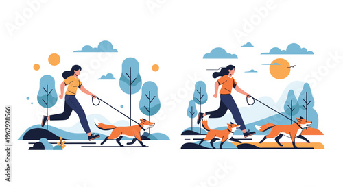Comparison illustration of a woman running with two foxes on leashes in a park during the day and at sunset.