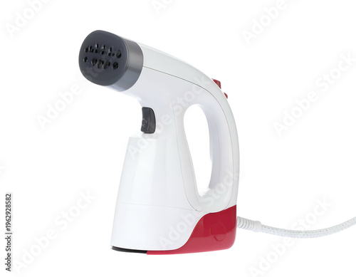 White and red handheld fabric steamer, portable garment care