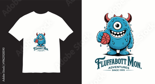 One eyed blue monster basketball mascot tshirt design with fluffabott mon adventures text