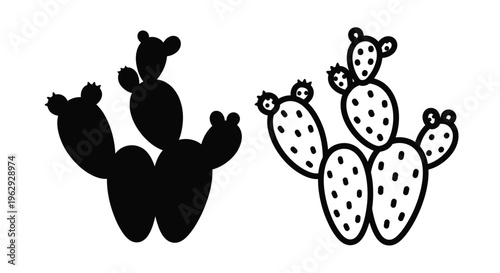 Two cactus illustrations one solid black one with dotted segments
